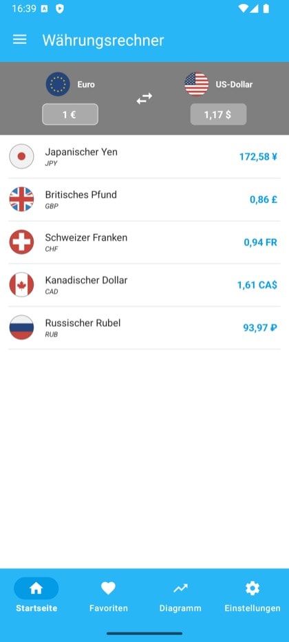 Bildschirm aus Currency Converter & Exchange: Startbildschirm des Rechners