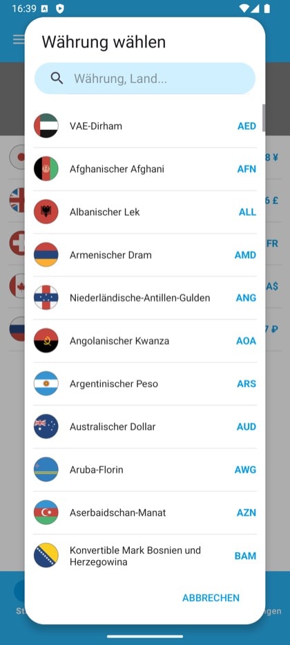 Bildschirm aus Currency Converter & Exchange: Währungsauswahl mit Suchfeld