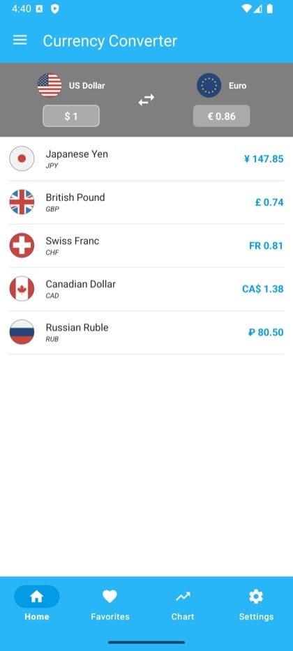 Currency Converter & Exchange screen: Converter home screen