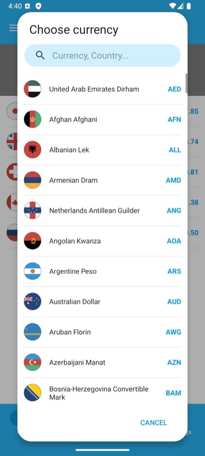 Currency Converter & Exchange screen: Currency picker with search