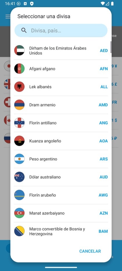 Pantalla de Currency Converter & Exchange: Selector de moneda con buscador