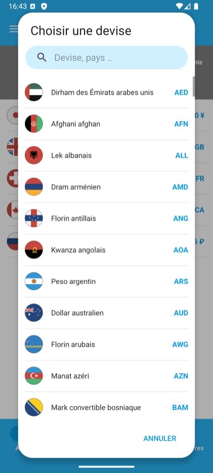 Capture d’écran de Currency Converter & Exchange : Sélecteur de devise avec recherche