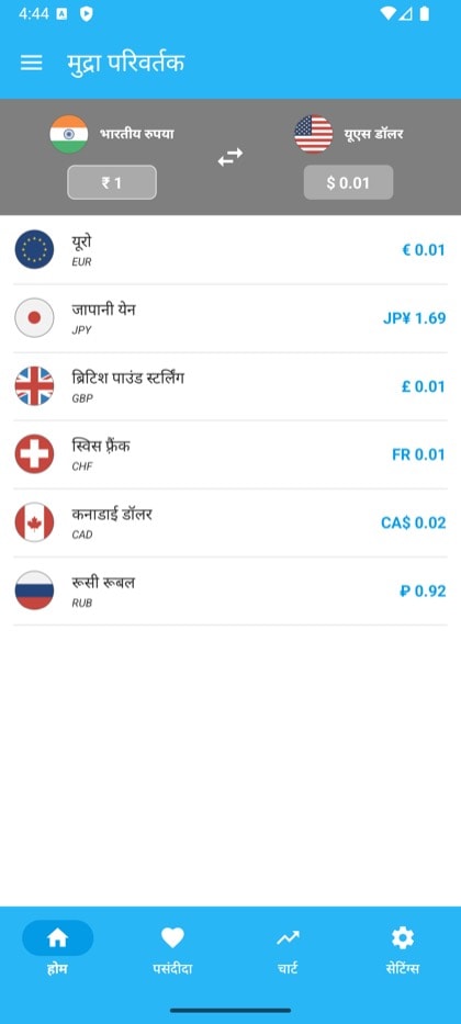 Currency Converter & Exchange की स्क्रीन: कन्वर्टर की मुख्य स्क्रीन