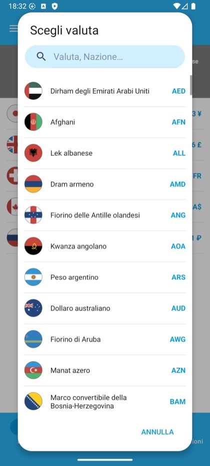 Schermata di Currency Converter & Exchange: elenco delle valute con ricerca