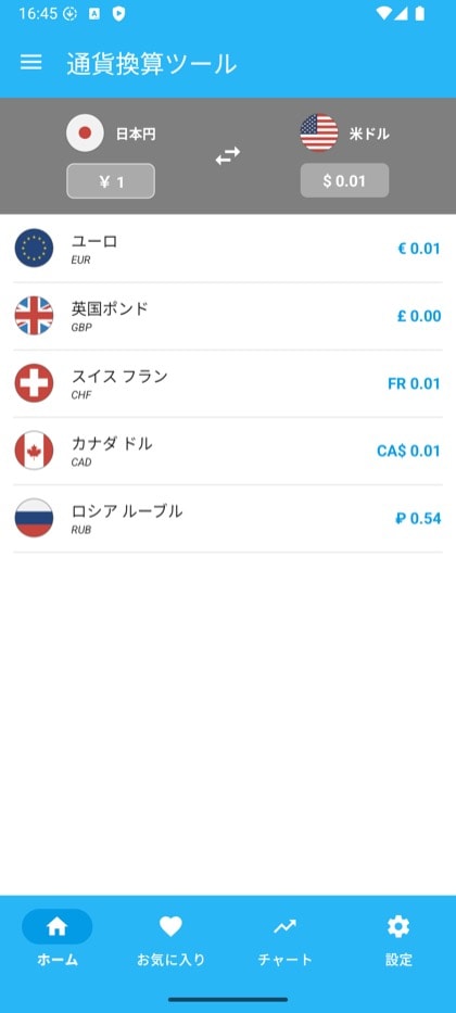 Currency Converter & Exchange の画面: 換算のホーム画面