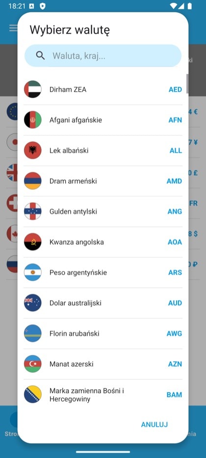 Ekran aplikacji Currency Converter & Exchange: Lista walut z wyszukiwarką