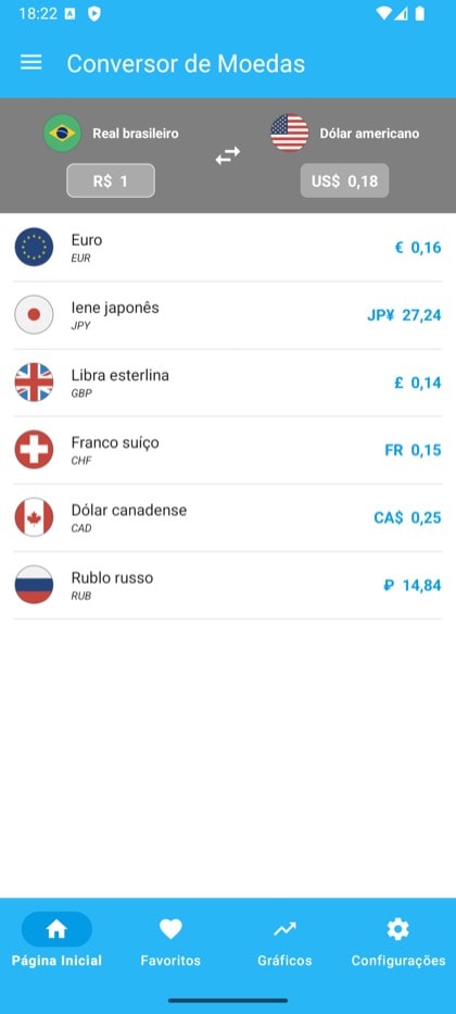 Tela do Currency Converter & Exchange: Tela inicial do conversor