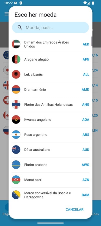 Tela do Currency Converter & Exchange: Seletor de moedas com busca