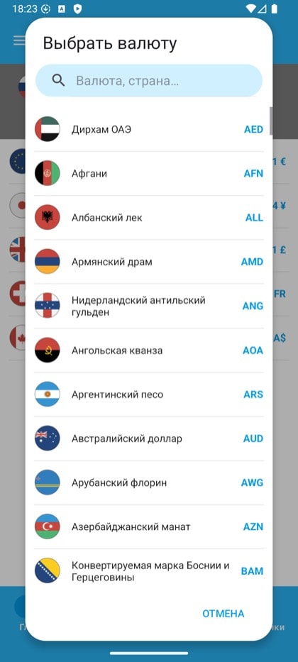 Экран приложения Currency Converter & Exchange: выбор валюты с поиском