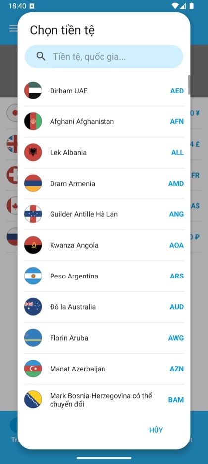Màn hình Currency Converter & Exchange: Danh sách tiền tệ có ô tìm kiếm